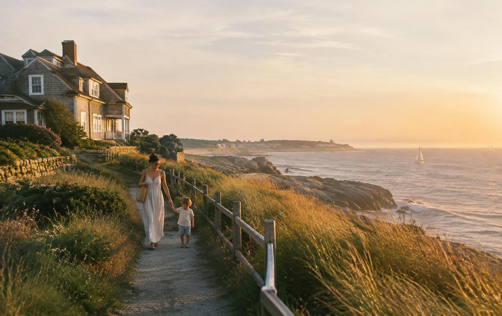 Mother and child on a Newport seaside path